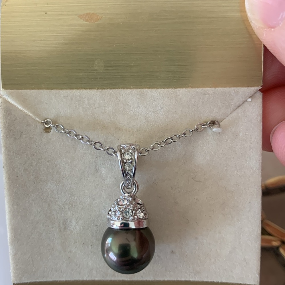 Iridescent black pearl ball necklace with crystals and silver chain